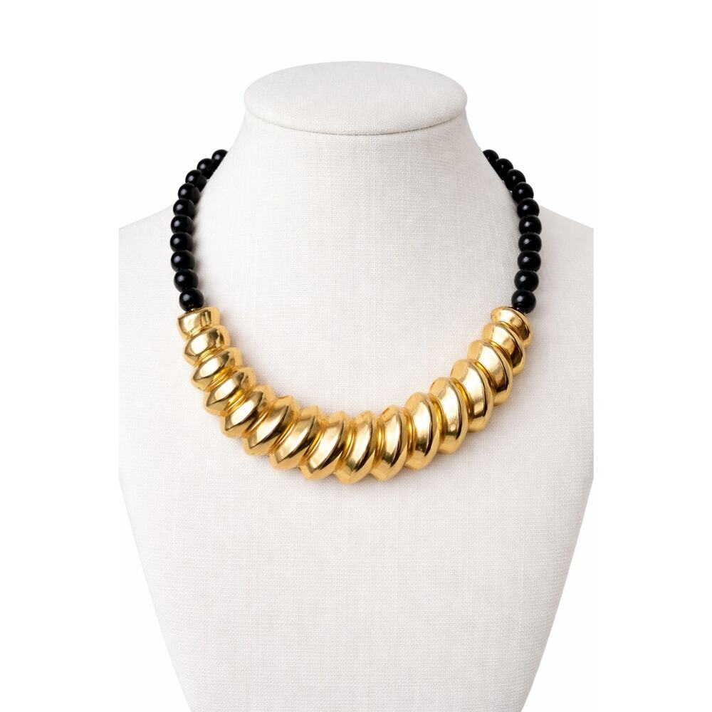 Vintage Alexis Kirk Black Bead Gold Tone Statement Necklace Signed 1980s